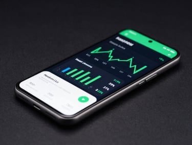 Sleek tech photography, cool studio lighting, dark background, crisp macro device mockup of a financial dashboard app on a high-end Android phone, 35mm