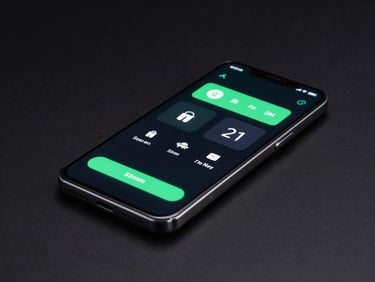 Sleek tech photography, cool studio lighting, dark background, crisp macro device mockup of a smart home control app on an Android phone, 35mm
