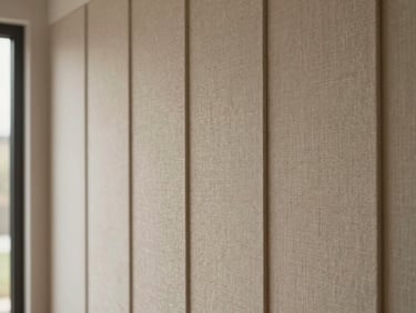 Modern residential interior featuring a bespoke fabric wall panel installation, architectural lines, soft diffused light.