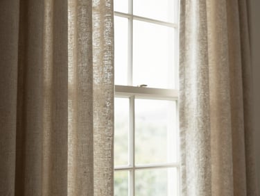 Elegant custom-made linen curtains framing a large window, soft natural light, luxurious residential interior, muted organic tones.