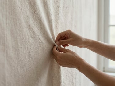 Detailed shot of fabric being meticulously applied to a wall, showing texture and precise alignment, soft natural light.