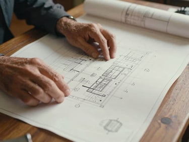 Close-up of David Vario's hands, 50s, reviewing blueprints or schematics on a wooden desk, warm indoor lighting, rich textures of wood and paper.