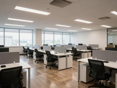 Wide shot of a clean open-plan commercial office, rows of empty workstations, polished hard floors under even overcast daylight, no people, no clutter