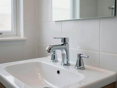 Close-up of a spotless residential bathroom — clean white tile grout, polished chrome fixtures, natural window light from the left, no people, no decor