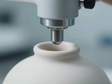 Extreme macro close-up of a technical quality-control inspection on a minimalist ceramic vessel, cool daylight, precise focus