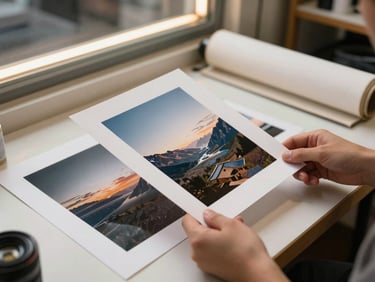 Hands holding a finished glossy photo print up to warm shop window light, a matte print and a canvas roll visible on the counter behind