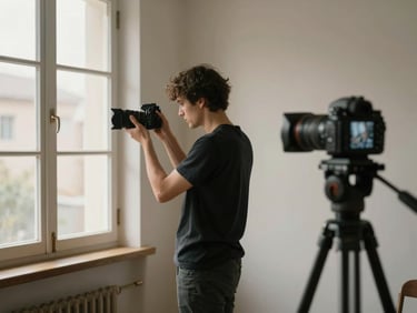 Photographer adjusting a subject's position in a small studio corner, warm window light on the left, camera on tripod in the foreground right, natural candid moment mid-session