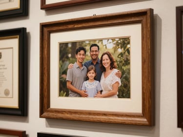 Framed certificate and a family portrait mounted in a wood frame displayed on a shop wall, warm tungsten ambient light, frame moulding detail visible in the foreground