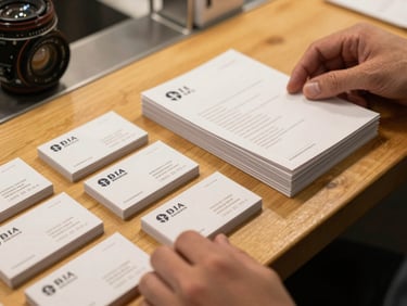 Close-up overhead shot of a warm tungsten-lit shop counter with a neat stack of freshly printed business cards and folded brochures, ink visible on the top sheet, hands just out of frame