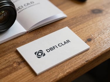 Close-up overhead of freshly printed business cards and a folded brochure on a wooden counter, warm tungsten shop lighting, slight ink sheen visible on the surface
