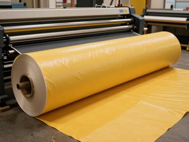Wide shot of a large vinyl banner being rolled out on a shop floor under warm tungsten light, bold colours visible, printing equipment in the background