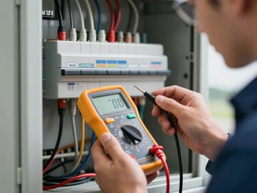 Close-up of a certified technician inspecting an electrical panel with a professional digital multimeter, crisp alpine daylight, clean and technical composition.