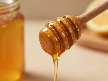 Golden organic honey dripping from a wooden dipper, high detail macro shot, warm natural light.