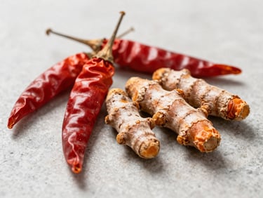 Macro shot of dried red chili peppers and turmeric roots on a clean stone surface, bright natural light.