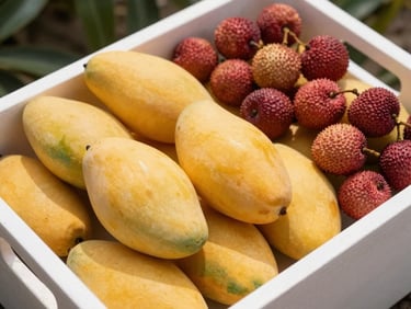 Freshly harvested golden mangoes and red litchis arranged in a clean crate, bright natural daylight.