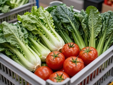 A selection of fresh, crisp green vegetables and red tomatoes in a clean export crate, bright daylight.