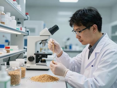 A clean, modern agricultural laboratory environment with a technician testing grain samples, bright clinical lighting, professional setup.