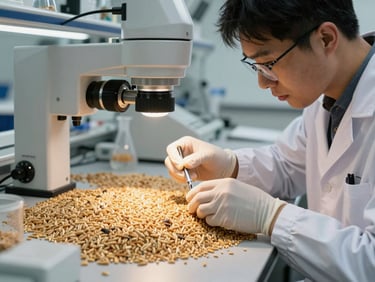 A professional technician performing scientific analysis on agricultural grains under bright laboratory lighting
