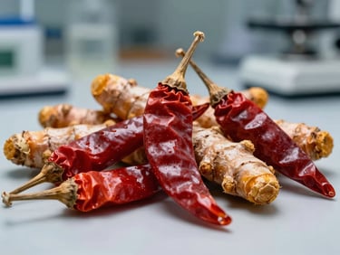 Macro shot of dried red chilies and golden turmeric roots in structured laboratory testing environment
