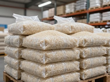 Bags of premium long-grain Basmati rice stacked neatly inside a bright, clean, modern shipping warehouse