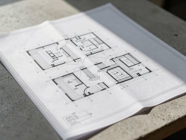 Close-up of a detailed technical blueprint and master plan overlaid on a concrete table, sharp morning shadows, precise geometric lines