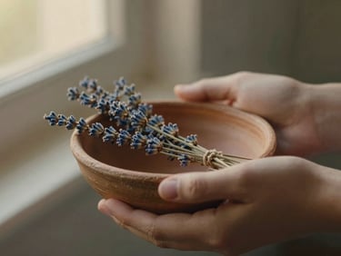 Close-up macro shot of gentle hands holding a textured terracotta bowl with dried lavender, soft golden hour lighting, muted olive tones, 35mm film aesthetic.