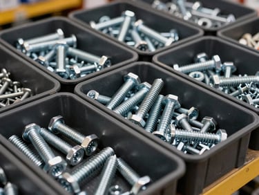 Close-up of organized hardware supply bins—bolts, nuts, anchors, and fasteners—in a commercial warehouse under bright overhead lighting