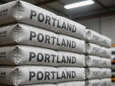 Close-up of stacked Portland cement bags in a warehouse under hard overhead lighting, dust motes visible in the air, bold industrial typography on bag faces partially lit