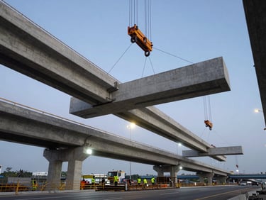 Eye-level shot of a highway overpass under construction at dusk, massive precast concrete girders suspended by crane cables, construction crew in high-visibility safety gear working on the deck form, hard directional uplighting from site lamps illuminating the underside of the bridge span