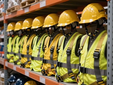 Rows of safety helmets, high-visibility vests, harnesses, and protective gear organized on industrial shelving under bright warehouse lighting