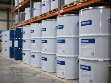 Industrial paint drums and coating buckets lined in a warehouse aisle under hard overhead lighting, labels facing forward, organized by product line