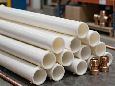 Stacked PVC pipes, copper tubing, and plumbing fittings organized in an industrial warehouse under directional side lighting, clean and precise arrangement