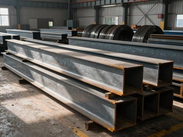 Wide shot of organized structural steel beams and rebar coils in a large industrial warehouse, side-lit by high bay fixtures casting sharp shadows across the metal surfaces