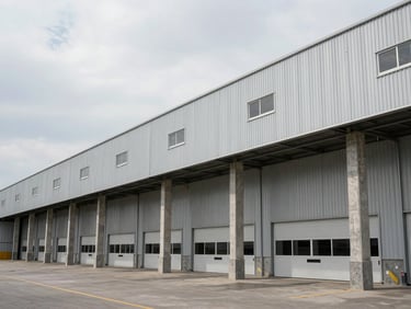 Wide-angle shot of a completed multi-story commercial warehouse exterior at overcast midday, reinforced concrete columns and steel cladding panels in sharp detail, heavy-duty loading dock doors visible along the facade, organized and industrial