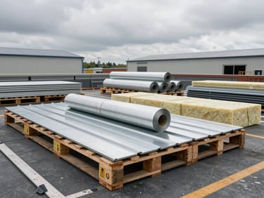 Wide shot of roofing material pallets—metal panels, membrane rolls, and insulation boards—staged on a commercial construction site under overcast industrial sky