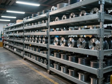 Rows of electrical conduit, cable trays, and wire spools in an industrial supply warehouse, lit by cool overhead fluorescents with sharp shadows across the inventory