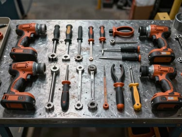 Overhead view of organized construction hand tools and power tools laid out on a steel workbench in an industrial setting, hard directional lighting from above