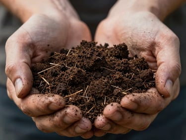 Macro view of rich compost-heavy soil held in calloused, soil-stained hands, showing organic matter and dark, crumbly texture.