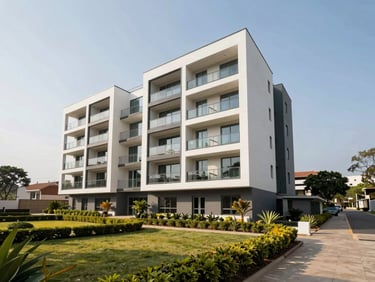 Sleek contemporary apartment building in Cantonments, wide-angle architectural shot, bright afternoon sunlight, manicured gardens