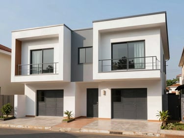 Modern two-story townhouse in East Legon, crisp architectural photography, bright natural Ghanaian sunlight, clean lines