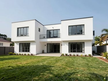 Crisp architectural photo of a modern white executive villa in Cantonments, bright natural sunlight, manicured lawn