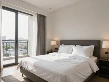 Modern furnished apartment bedroom in Spintex Accra, bright daylight, clean linens, high-trust editorial feel