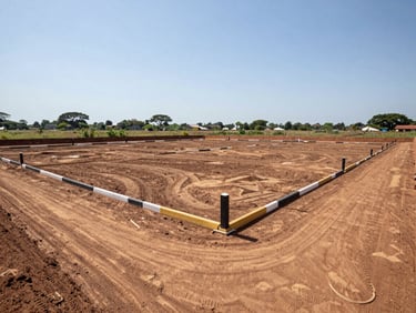 Wide-angle shot of a clean, surveyed commercial land plot in Spintex with clear boundary markers, sunny day