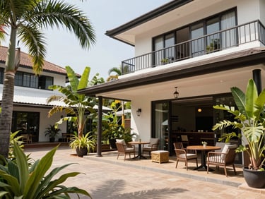 Charming boutique guest house patio in Accra, tropical plants, comfortable outdoor seating, bright daylight