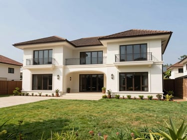 Luxury villa exterior in Airport Residential Accra, bright natural Ghanaian sunlight, manicured lawn, architectural photography