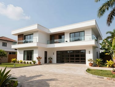 Spacious modern villa in Spintex, architectural photography, bright daylight, clean paved driveway, tropical plants