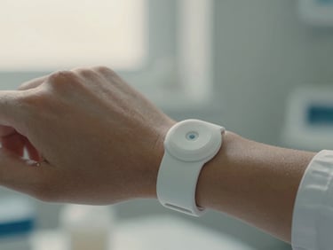 Close-up of a wearable health sensor on an active wrist, clean clinical environment with warm window light, subtle cool-toned highlights.