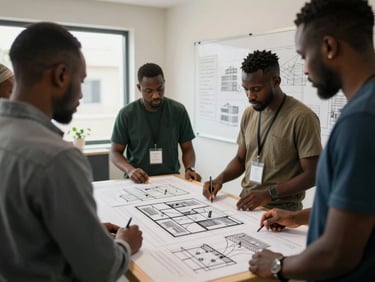 Photographie en plan moyen d'un atelier de formation à Conakry, des professionnels guinéens collaborant autour d'un tableau blanc avec des schémas d'architecture réseau, lumière naturelle du jour.