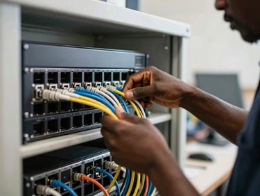 Ingénieur réseau ouest-africain en atelier technique ajustant des connexions sur un commutateur réseau, lumière du jour claire, mise au point précise sur les câbles.