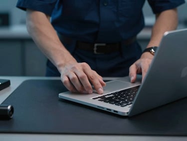 Medium shot of a technician's hands carefully inspecting a sleek laptop on a dark diagnostic mat, cool blue ambient light.